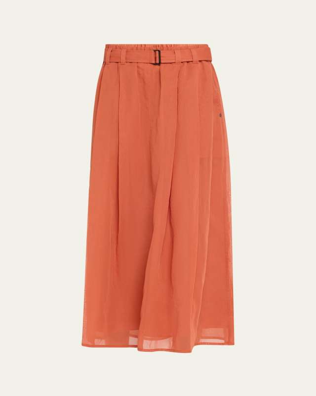 Belted Cotton Gauze Midi Skirt